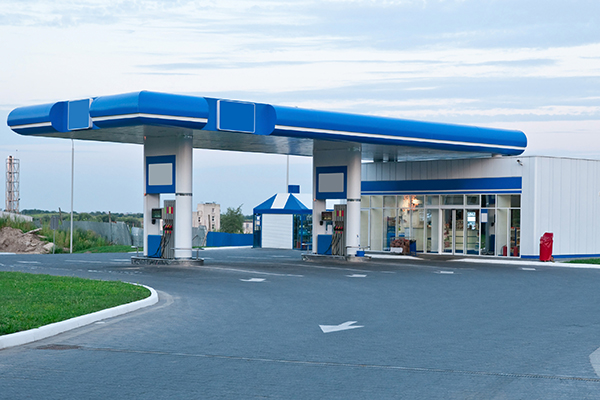 gas station blue trim road arrows